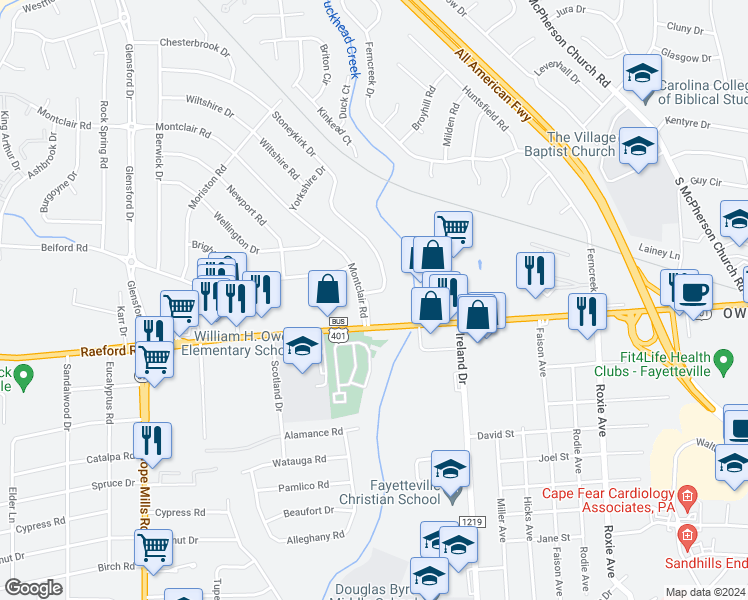 map of restaurants, bars, coffee shops, grocery stores, and more near 927 Stoneykirk Drive in Fayetteville