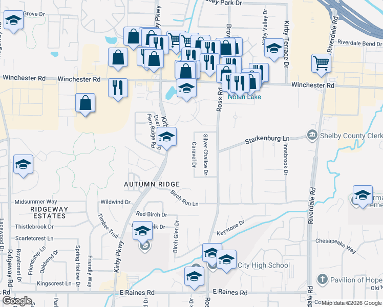 map of restaurants, bars, coffee shops, grocery stores, and more near 3813 Caravel Drive in Memphis