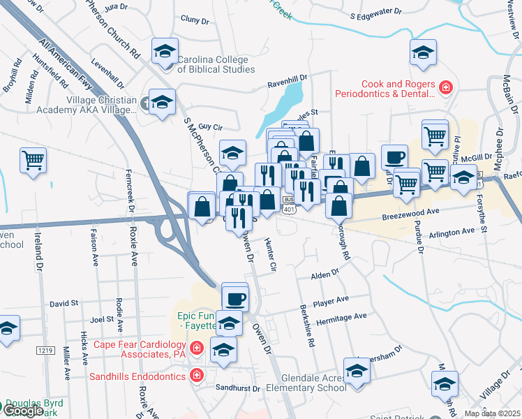 map of restaurants, bars, coffee shops, grocery stores, and more near 3140 Raeford Road in Fayetteville