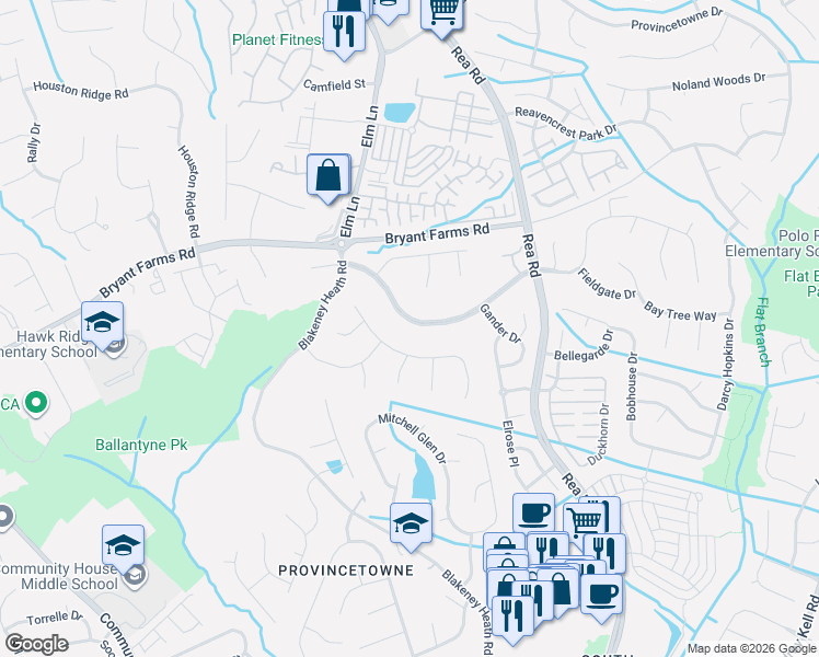 map of restaurants, bars, coffee shops, grocery stores, and more near 11832 Parks Farm Lane in Charlotte
