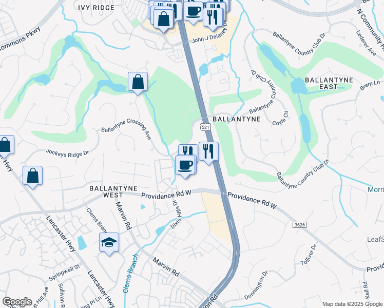 map of restaurants, bars, coffee shops, grocery stores, and more near 14814 Ballantyne Glen Way in Charlotte