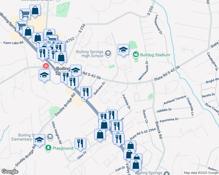 map of restaurants, bars, coffee shops, grocery stores, and more near 103 Imperial Gardens Drive in Boiling Springs