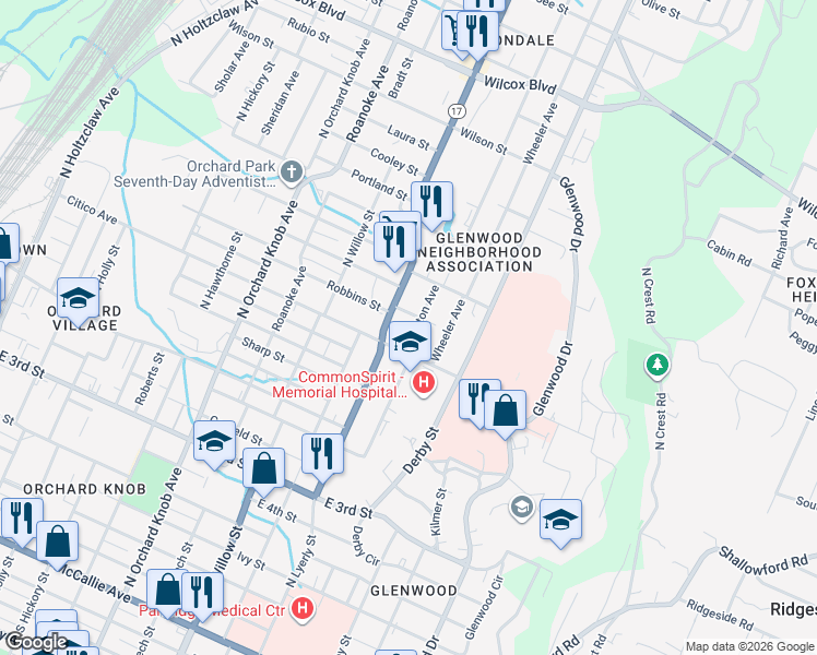 map of restaurants, bars, coffee shops, grocery stores, and more near 852 Arlington Avenue in Chattanooga