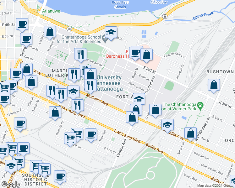 map of restaurants, bars, coffee shops, grocery stores, and more near 837 Clark Street in Chattanooga
