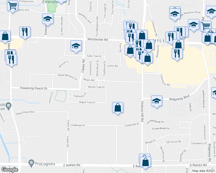 map of restaurants, bars, coffee shops, grocery stores, and more near 5779 Myers Road in Memphis