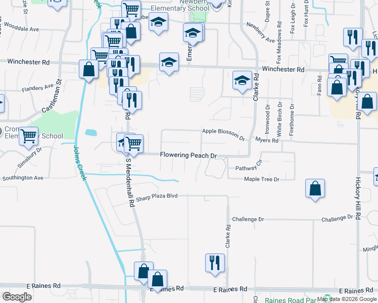 map of restaurants, bars, coffee shops, grocery stores, and more near 5456 Flowering Peach Drive in Memphis