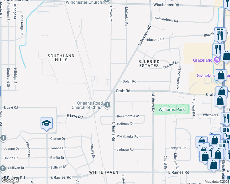 map of restaurants, bars, coffee shops, grocery stores, and more near 3829 Orleans Road in Memphis
