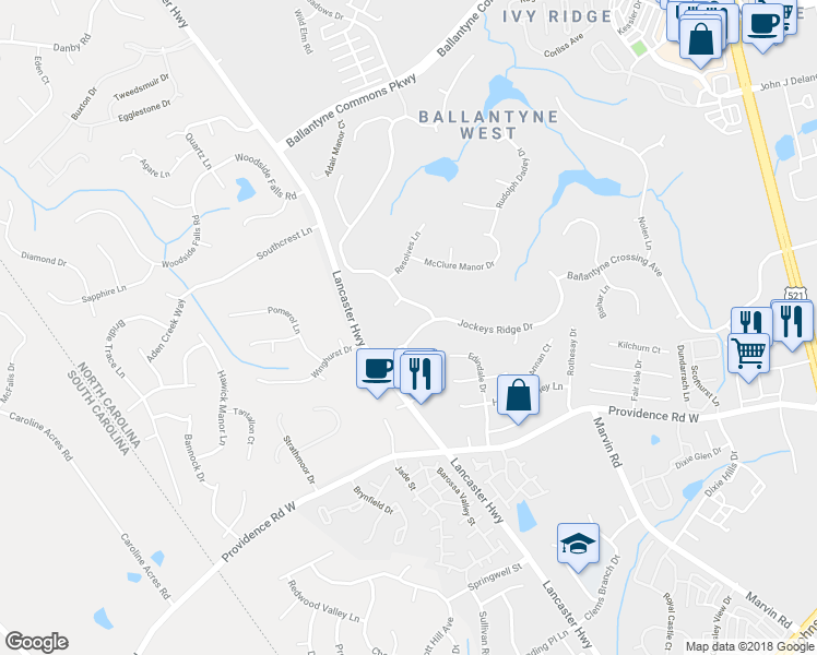 map of restaurants, bars, coffee shops, grocery stores, and more near 15018 Jockeys Ridge Drive in Charlotte
