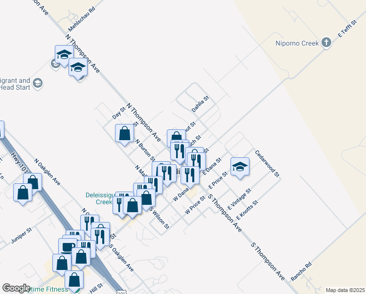 map of restaurants, bars, coffee shops, grocery stores, and more near 186 North Thompson Avenue in Nipomo