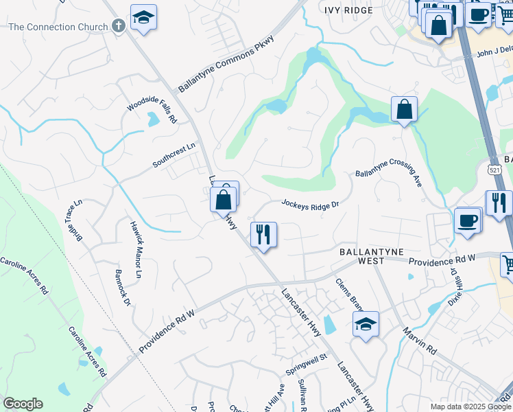 map of restaurants, bars, coffee shops, grocery stores, and more near 15018 Jockeys Ridge Drive in Charlotte