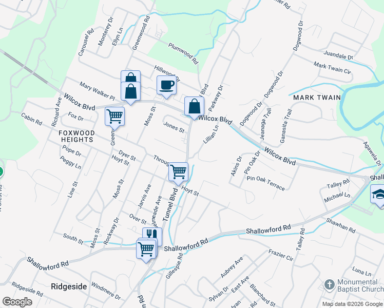 map of restaurants, bars, coffee shops, grocery stores, and more near 1402 Tunnel Boulevard in Chattanooga