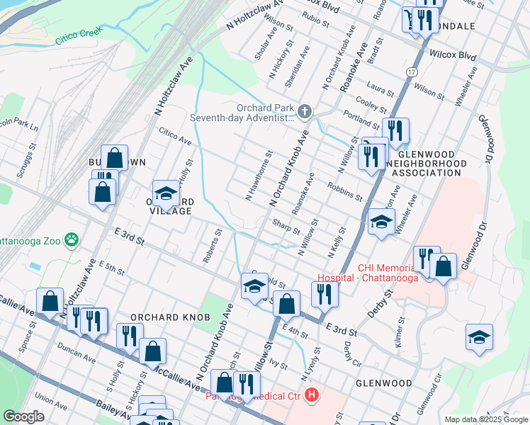 map of restaurants, bars, coffee shops, grocery stores, and more near 1820 Jackson Street in Chattanooga
