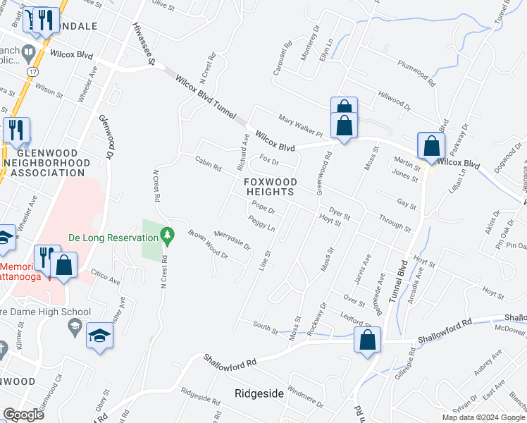 map of restaurants, bars, coffee shops, grocery stores, and more near 3006 Pope Drive in Chattanooga