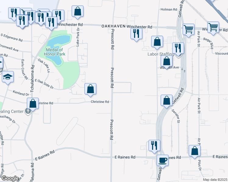 map of restaurants, bars, coffee shops, grocery stores, and more near 3814 Prescott Road in Memphis