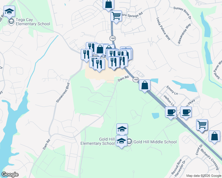 map of restaurants, bars, coffee shops, grocery stores, and more near 2295 Dam Road in Fort Mill