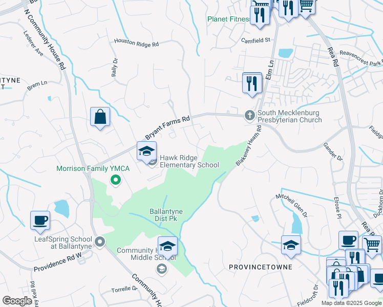 map of restaurants, bars, coffee shops, grocery stores, and more near 8918 Bryant Field Circle in Charlotte