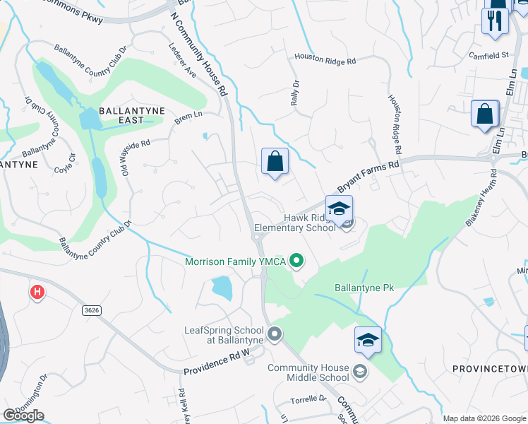 map of restaurants, bars, coffee shops, grocery stores, and more near 9550 Community Commons Lane in Charlotte