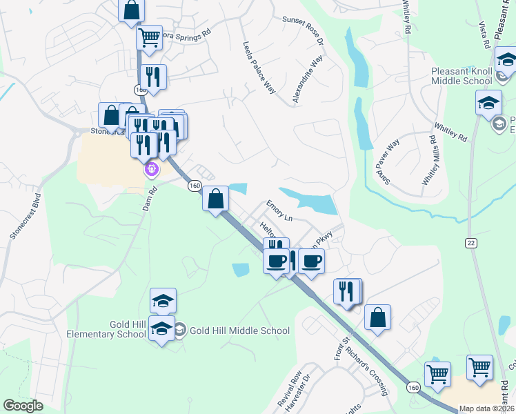 map of restaurants, bars, coffee shops, grocery stores, and more near 980 Emory Lane in Fort Mill