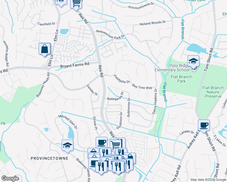 map of restaurants, bars, coffee shops, grocery stores, and more near 9108 Floufisher Court in Charlotte