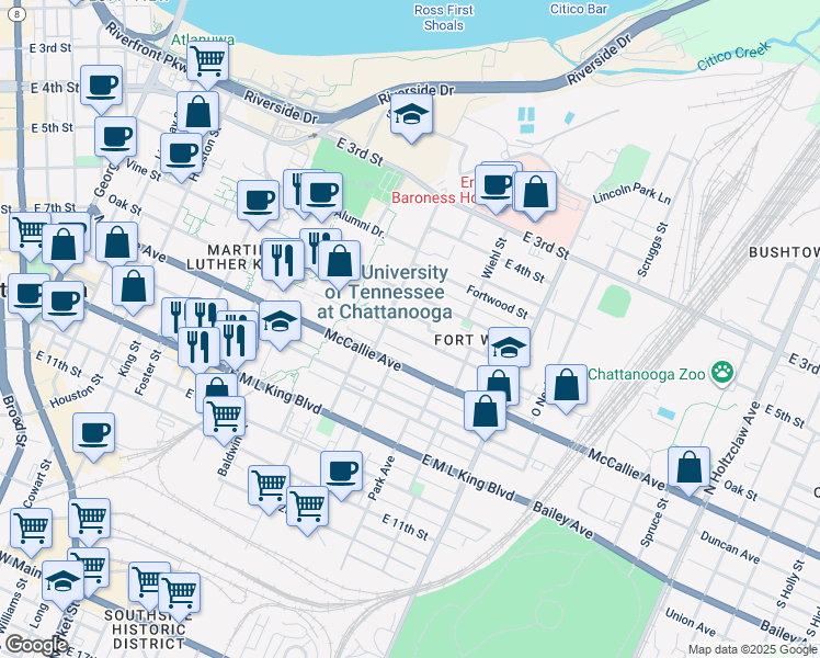 map of restaurants, bars, coffee shops, grocery stores, and more near 823 Oak Street in Chattanooga