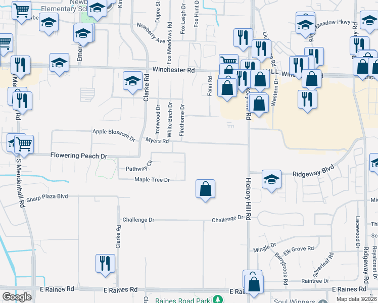 map of restaurants, bars, coffee shops, grocery stores, and more near 5779 Myers Road in Memphis