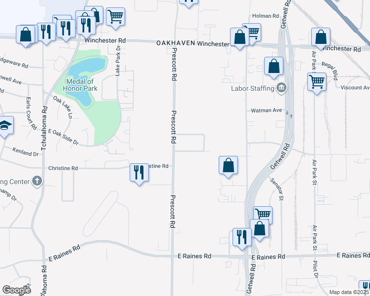 map of restaurants, bars, coffee shops, grocery stores, and more near 3814 Prescott Road in Memphis