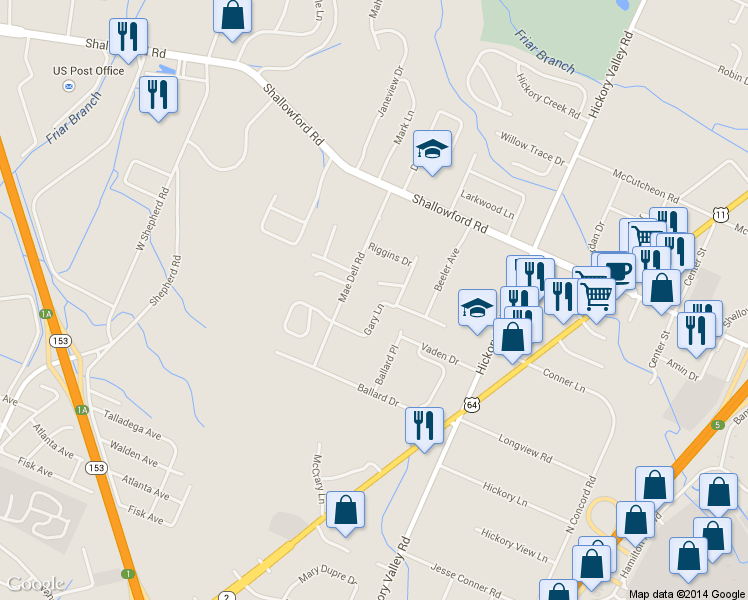 map of restaurants, bars, coffee shops, grocery stores, and more near 6637 Gary Ln in Chattanooga