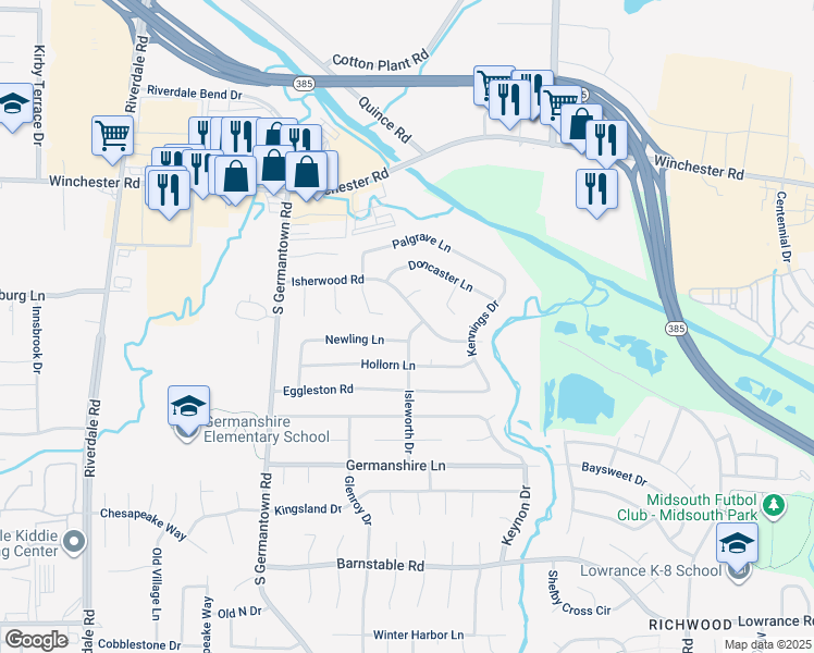 map of restaurants, bars, coffee shops, grocery stores, and more near 3819 Isleworth Drive in Memphis