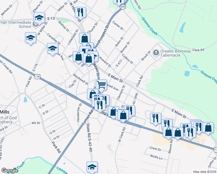 map of restaurants, bars, coffee shops, grocery stores, and more near 18 Gosnell Avenue in Inman