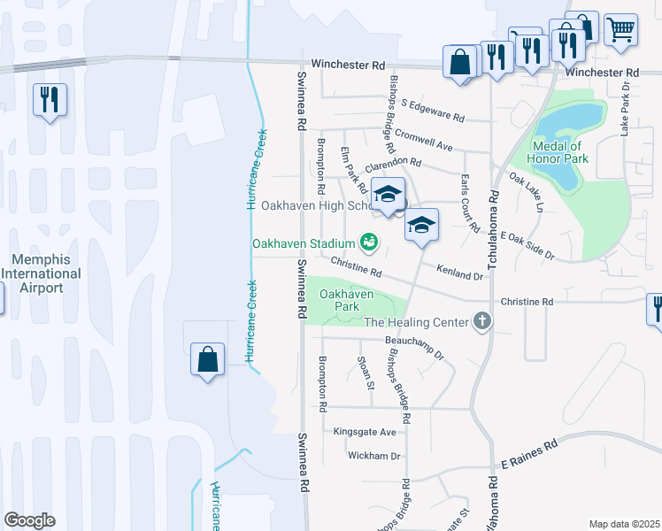 map of restaurants, bars, coffee shops, grocery stores, and more near 3035 Christine Road in Memphis