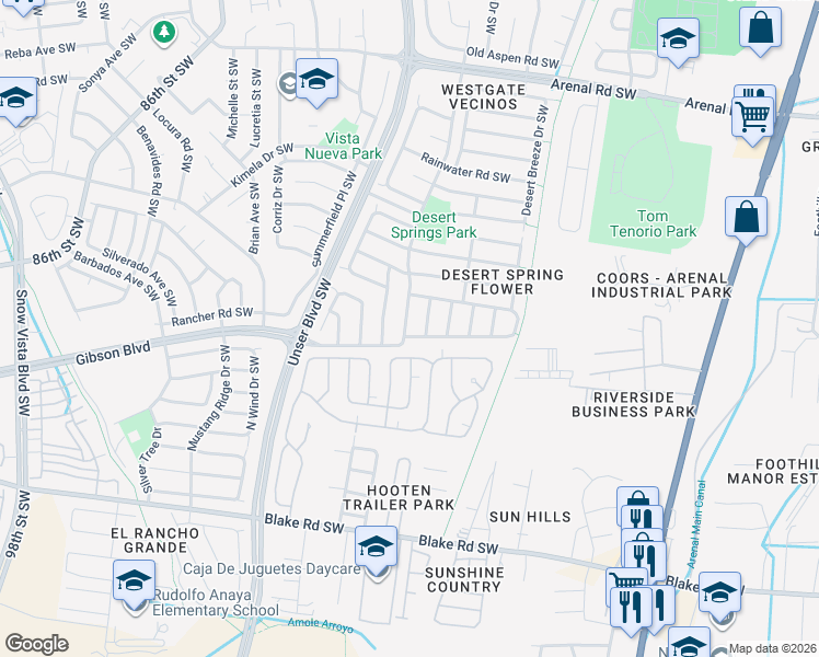 map of restaurants, bars, coffee shops, grocery stores, and more near 2416 Desert Springs Drive Southwest in Albuquerque