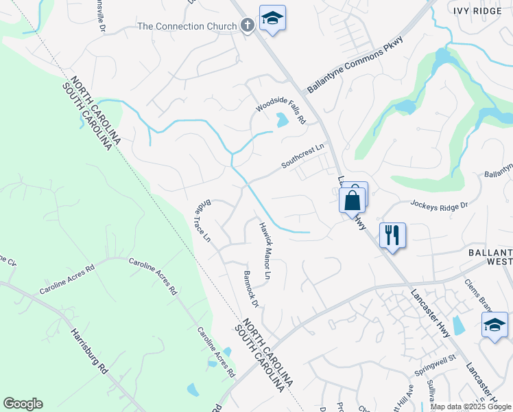 map of restaurants, bars, coffee shops, grocery stores, and more near 14607 Hawick Manor Lane in Pineville