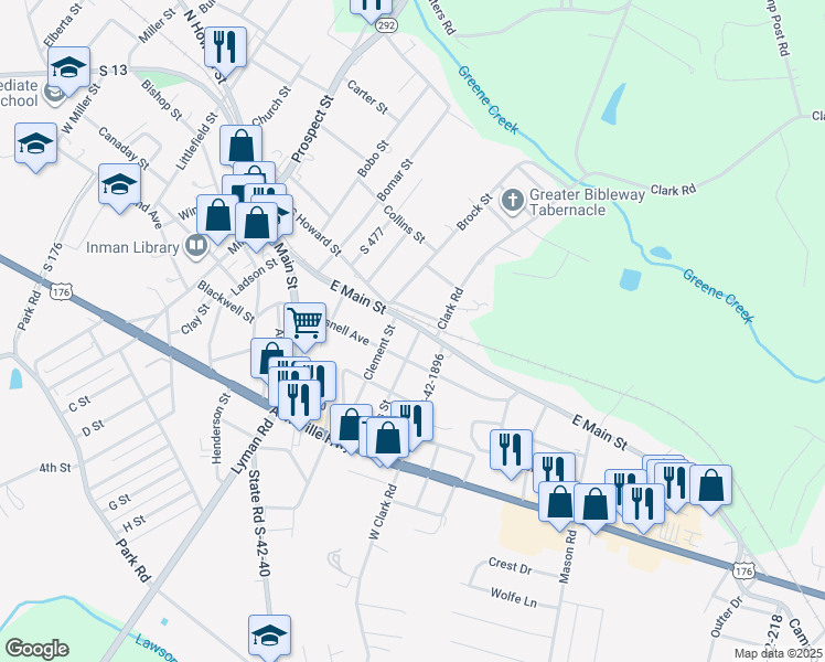 map of restaurants, bars, coffee shops, grocery stores, and more near 48 East Main Street in Inman