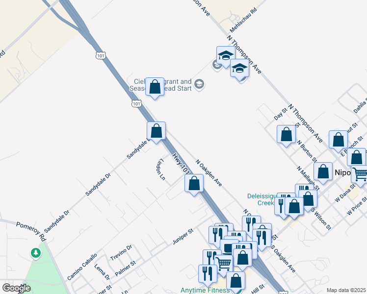 map of restaurants, bars, coffee shops, grocery stores, and more near North Oakglen Avenue in Nipomo