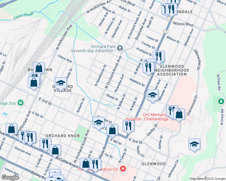 map of restaurants, bars, coffee shops, grocery stores, and more near 1917 Jackson Street in Chattanooga