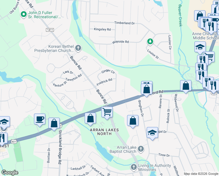 map of restaurants, bars, coffee shops, grocery stores, and more near 6450 Wilson Avenue in Fayetteville