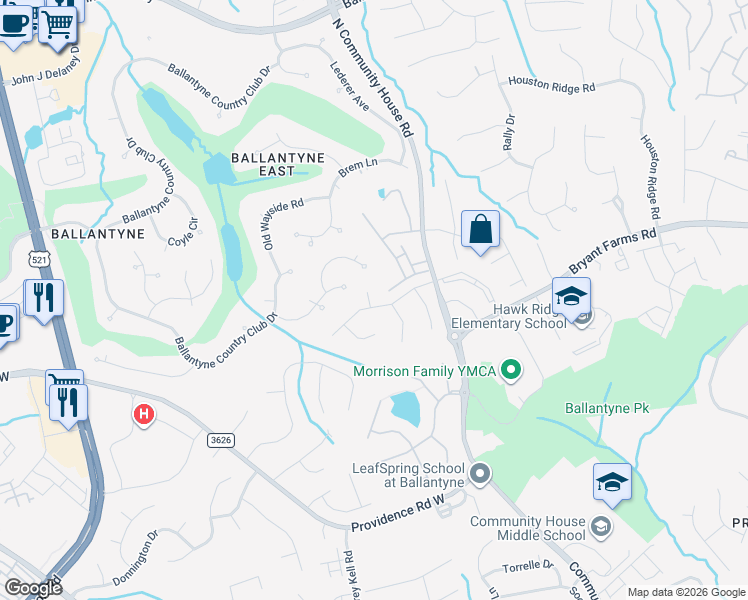 map of restaurants, bars, coffee shops, grocery stores, and more near 10012 Paradise Ridge Road in Charlotte