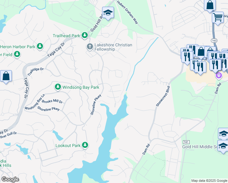 map of restaurants, bars, coffee shops, grocery stores, and more near 306 Wave Crest Drive in Tega Cay