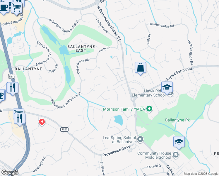 map of restaurants, bars, coffee shops, grocery stores, and more near 10012 Paradise Ridge Road in Charlotte