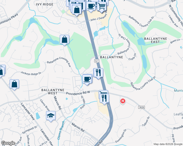 map of restaurants, bars, coffee shops, grocery stores, and more near 14814 Ballantyne Glen Way in Charlotte