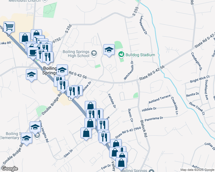 map of restaurants, bars, coffee shops, grocery stores, and more near 2224 Old Furnace Road in Boiling Springs
