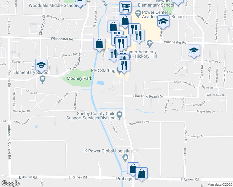 map of restaurants, bars, coffee shops, grocery stores, and more near 5277 Flowering Peach Drive in Memphis