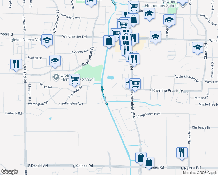 map of restaurants, bars, coffee shops, grocery stores, and more near 5209 Flowering Peach Drive in Memphis
