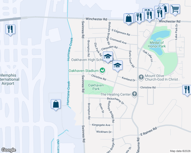 map of restaurants, bars, coffee shops, grocery stores, and more near 3051 Christine Road in Memphis