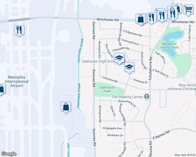 map of restaurants, bars, coffee shops, grocery stores, and more near 3005 Christine Road in Memphis