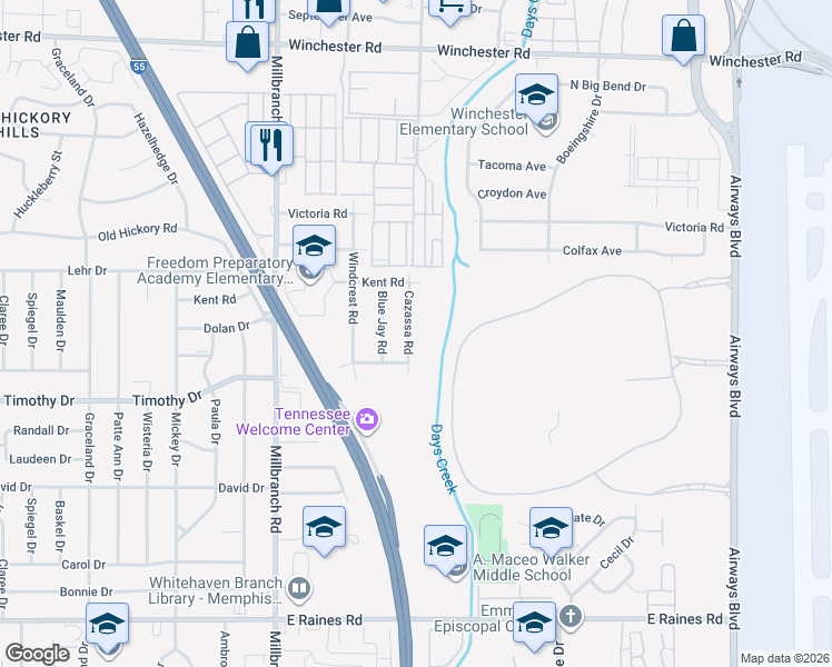 map of restaurants, bars, coffee shops, grocery stores, and more near 3816 Cazassa Road in Memphis