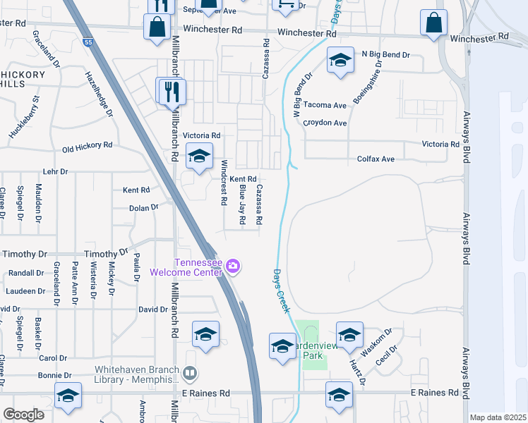 map of restaurants, bars, coffee shops, grocery stores, and more near 3816 Cazassa Road in Memphis