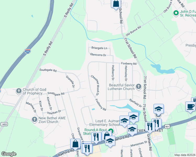 map of restaurants, bars, coffee shops, grocery stores, and more near 1121 Chestnut Wood Drive in Fayetteville
