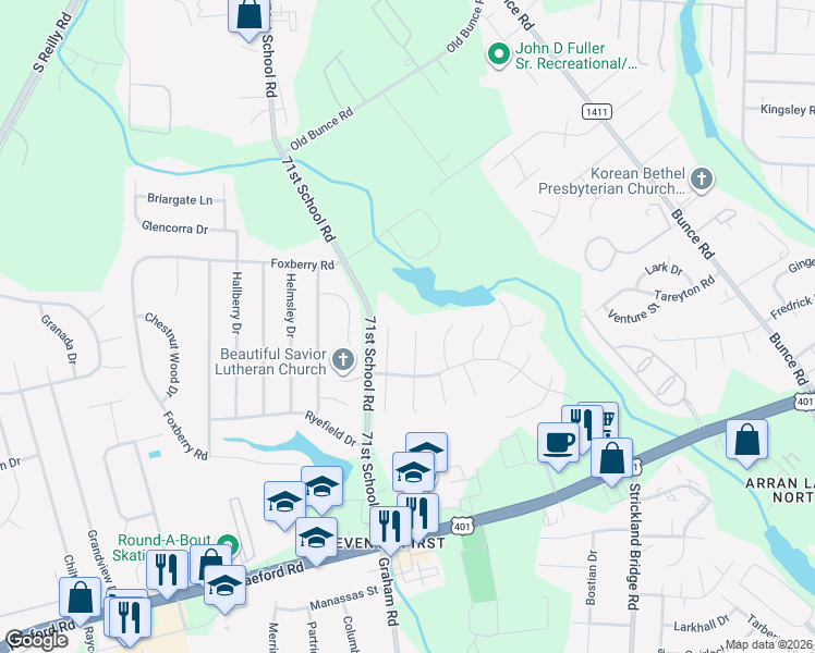 map of restaurants, bars, coffee shops, grocery stores, and more near 1406 Averton Court in Fayetteville