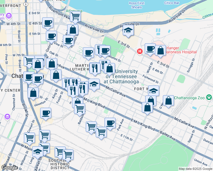 map of restaurants, bars, coffee shops, grocery stores, and more near 725 McCallie Avenue in Chattanooga